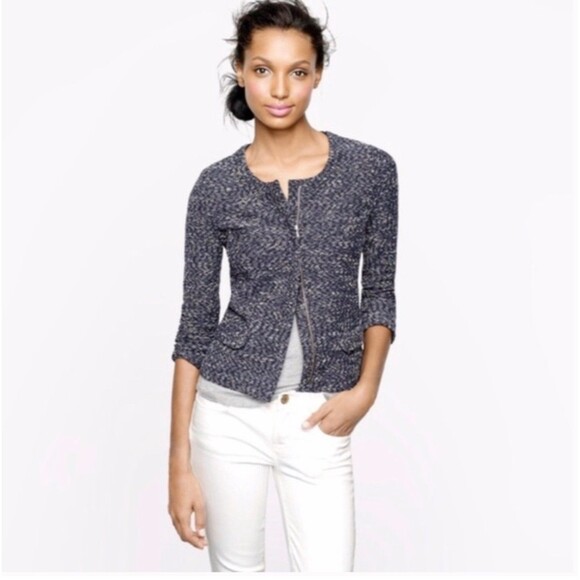 J.Crew Women's Jacket Size XL Blazer Blue Tweed Boucle Zipper Stretch - Picture 1 of 13